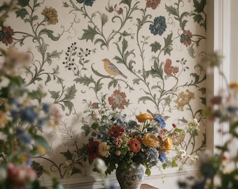 Vintage Floral Bird Wallpaper, Cottage Garden, Botanical Squirrel Decor (Peel Stick or Non-Woven)