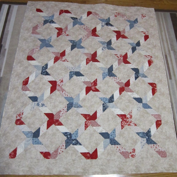 New USA Handmade Quilt-Throw/Twin Size Red, Blue, Beige Serendipity 54" x 68" & Pillow Cover