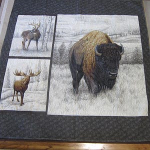 New USA Handmade Throw Quilt- Wildlife / Big Game 58&quot; x 60&quot; Buffalo Deer Moose - Grey