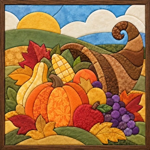 May include: A fabric wall hanging in a dark wood frame depicting a harvest scene with a brown cornucopia overflowing with an orange pumpkin, yellow squash, corn, a red apple, and purple grapes, all surrounded by colorful autumn leaves.
