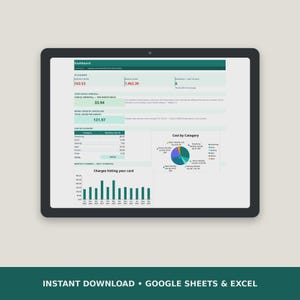 May include: A digital dashboard displayed on a tablet screen, featuring financial data, subscription tracking, a pie chart titled Cost by Category, and a bar graph titled Charges hitting your card, with text indicating Google Sheets & Excel compatibility.