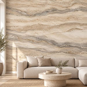 Travertine Look Wallpaper, Layered Neutral Stone Texture for Living Room