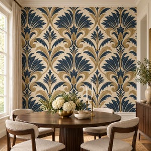 May include: Wallpaper featuring a repeating symmetrical pattern of dark blue and gold fan-shaped leaves on a cream background. The design creates a vertical, ornate botanical motif that covers the entire wall surface behind the dining area.