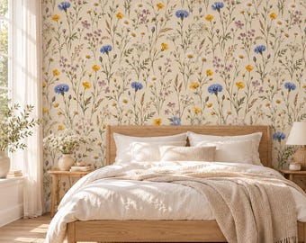 Wildflower Wallpaper, Airy Botanical Meadow Print for Bedroom and Nursery