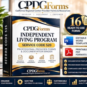 May include: A black binder titled CPDG Forms Independent Living Program Service Code 520, featuring gold accents. It includes 16 ready-to-use forms, editable Word templates, and printable PDF formats for professional provider documentation and compliance.