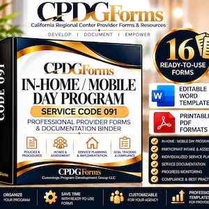 May include: A black binder titled CPDG Forms In-Home/Mobile Day Program Service Code 091. The cover features gold accents and lists 16 ready-to-use forms, editable Word templates, and printable PDF formats for professional provider documentation.