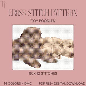 Op de afbeelding: Een kruissteekpatroon getiteld Toy Poodles met een gepixelde afbeelding van twee honden in bruin- en crèmetinten. De tekst luidt Cross Stitch Pattern, Toy Poodles, 90x42 stitches, 14 colors - DMC en PDF file - digital download.