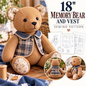 Patrón de costura para oso de recuerdo, oso de 45 cm con chaleco, patrón en PDF, tutorial de costura para oso de peluche, oso conmemorativo, descarga instantánea.