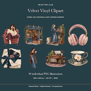 Könnte beinhalten: Eine digitale Sammlung von 90 einzelnen PNG-Illustrationen mit dem Titel Velvet Vinyl Clipart, die Personen mit Schallplatten, Kopfhörern, ein Plattenladen-Schaufenster, einen Plattenspieler und eine Blumentasse auf dunklem Grund zeigt.
