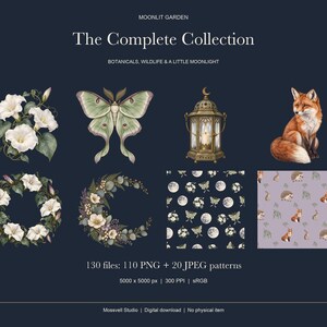 Komplette Kollektion „Mondlichtgarten“, 130 Dateien, 90 PNG-Cliparts, 20 dekorative PNGs und 20 nahtlose JPEG-Muster