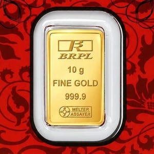 May include: A rectangular 10 g fine gold bar with a purity of 999.9, featuring the BRPL logo and Melter Assayer stamp. The gold bar is encased in a white frame set against a vibrant red background decorated with a black floral pattern.