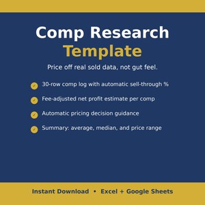 May include: A digital Comp Research Template on a dark blue background with gold accents. Text includes: Comp Research Template, Price off real sold data, not gut feel, 30-row comp log, fee-adjusted net profit, pricing guidance, and summary stats.
