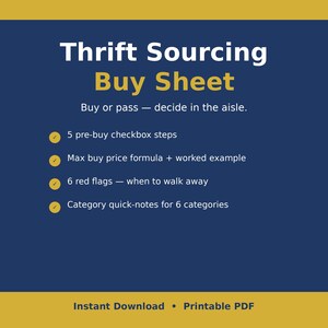 May include: A digital document titled Thrift Sourcing Buy Sheet with a dark blue background and gold borders. It lists features including 5 pre-buy checkbox steps, a max buy price formula, 6 red flags, and category quick-notes. Text includes Buy or pass — decide in the aisle, Instant Download, and Printable PDF.