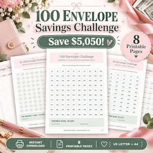 Printbare 50/50 spaaruitdaging met 100 enveloppen, inclusief 8 PDF-sjablonen.