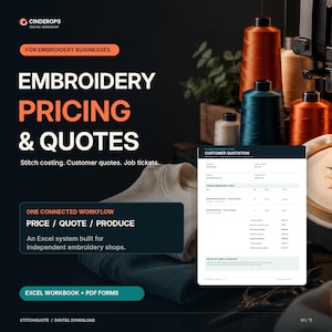 Puede incluir: Un documento digital titulado Customer Quotation para negocios de bordado, con campos para detalles del cliente, líneas de precios y totales. El texto incluye menciones a costes de puntada, órdenes de trabajo y un sistema Excel para talleres.