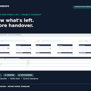 May include: A digital spreadsheet interface titled Closeout Pro Real Excel Workbook for construction punch lists. The dashboard displays project metrics including 100 items, 76 verified, and 24 outstanding, with text reading Know what's left. Before handover.