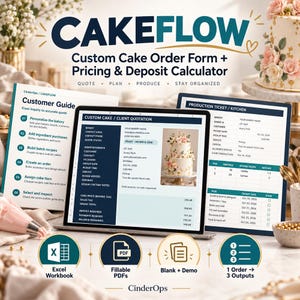 Puede incluir: Una herramienta digital llamada CAKEFLOW, que incluye un formulario de pedido de pasteles, calculadora de precios y depósitos, guía del cliente y ticket de producción. La interfaz muestra presupuestos, referencias de pedidos y detalles de pasteles.