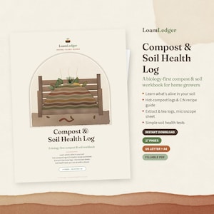Könnte beinhalten: Ein LoamLedger Compost & Soil Health Log Arbeitsbuch für Heimgärtner. Das Cover zeigt eine Illustration eines geschichteten Komposthaufens, Textdetails und Aufzählungspunkte mit Inhalten wie Heißkompost-Protokollen, C:N-Rezepten und Boden-Gesundheitstests.