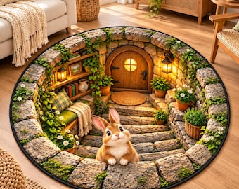 May include: A round area rug featuring a 3D optical illusion of a stone staircase leading to a wooden door. A brown rabbit sits on the steps. The scene includes stone walls, green vines, potted plants, a wooden shelf with books, and glowing lanterns.