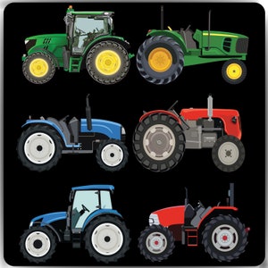 May include: Five different tractor silhouettes, including a green tractor, a blue tractor, a red tractor, and two red tractors. The tractors are all facing the right side of the image.