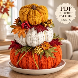 May include: A stack of three crocheted pumpkins in mustard yellow, cream, and orange, decorated with artificial autumn leaves, red berries, and yellow clusters. A circular label reads PDF CROCHET PATTERN 3 SIZES.