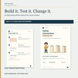 May include: A Paper Engineering Workshop digital download featuring two pages of instructions. One page shows steps to fold a paper fan, while the other page displays a cartoon character with paper cylinders, prisms, and pyramids.