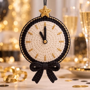 May include: A round, crocheted clock ornament featuring a cream-colored face with gold embroidered hour markers and black hands set at eleven. The clock is framed in black with a gold border, topped with a gold star, and finished with a black bow.
