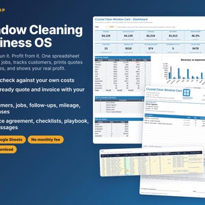 Pode incluir: Uma planilha de gestão empresarial para serviços de limpeza de janelas, com um painel de métricas financeiras, gráficos de receita, listas de clientes e um documento de orçamento. A interface inclui etiquetas de texto para rastreamento.