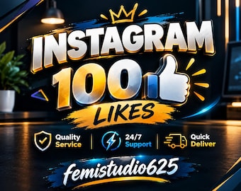 Può includere: Una grafica digitale con il testo in grassetto INSTAGRAM 100 LIKES, un'icona a forma di corona e un simbolo blu del pollice in su. Sotto ci sono le icone per Quality Service, 24/7 Support e Quick Deliver, seguite dal testo femistudio625 in basso.