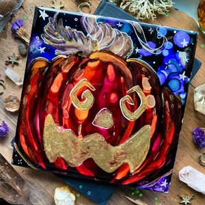 Gourd Decor Vibrant Gift idea Whimsical Pumpkin- Original 6x6 Alcohol Ink Painting On Ceramic Tile Fall Art