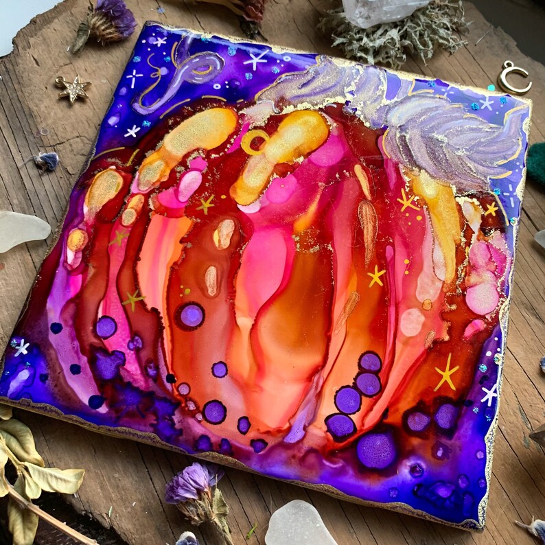 Gourd Decor Vibrant Gift idea Whimsical Pumpkin- Original 6x6 Alcohol Ink Painting On Ceramic Tile Fall Art