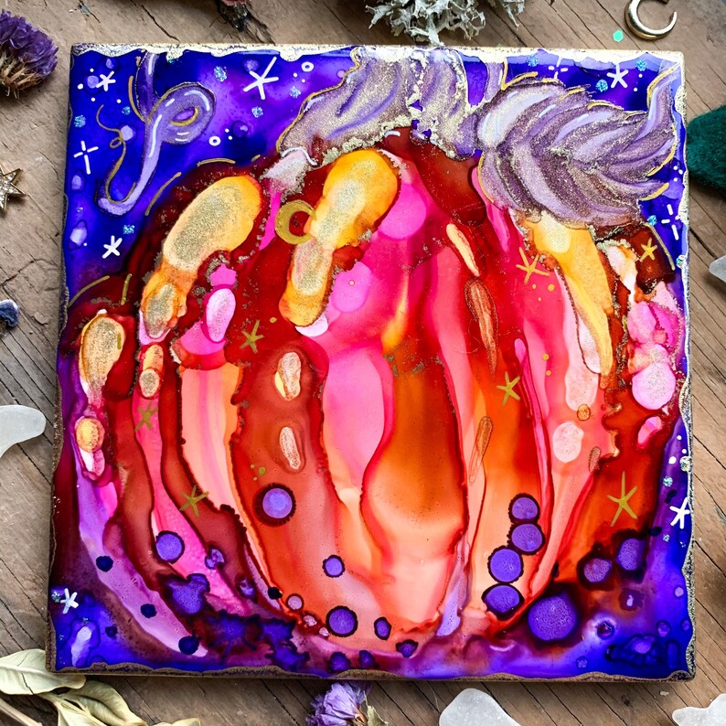 Gourd Decor Vibrant Gift idea Whimsical Pumpkin- Original 6x6 Alcohol Ink Painting On Ceramic Tile Fall Art