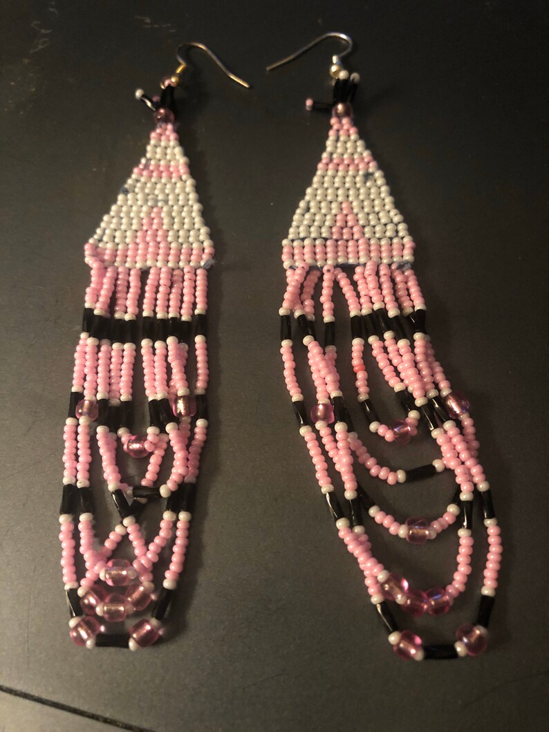pink white and black hand beaded fringed earrings