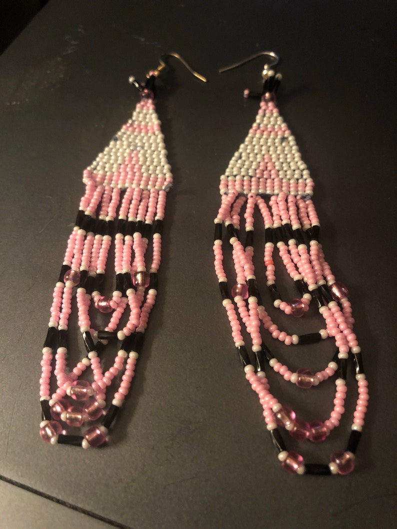 pink white and black hand beaded fringed earrings