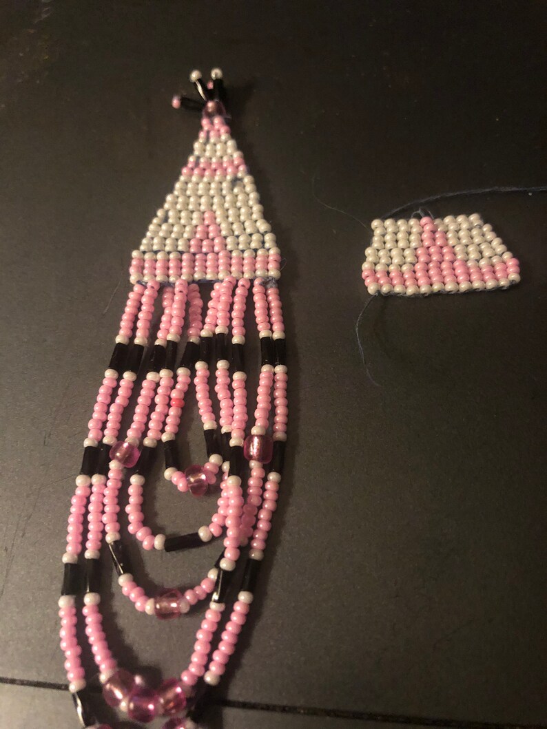 pink white and black hand beaded fringed earrings