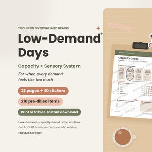 May include: A digital planner titled Low-Demand Days with the subtitle Tools for Overwhelmed Brains. It features a Capacity Check page, 22 pages, 40 stickers, and 210 pre-filled items. The design includes a snail icon and a coffee cup.