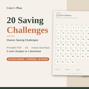 Könnte beinhalten: Ein druckbares 52-Wochen-Spar-Challenge-Tracker-Blatt mit einem Raster aus nummerierten Kästchen von 1 bis 52. Das Dokument enthält den Text Cent & Plan, 20 Saving Challenges und Classic Saving Challenges in drei Farbvarianten.