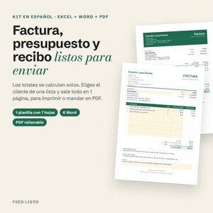 Kit de factura, presupuesto y recibo en español - Excel, Word y PDF rellenable - Spanish Invoice Template