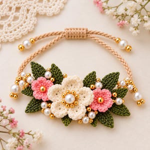 May include: A bracelet featuring a central cream-colored crocheted flower flanked by two smaller pink crocheted flowers, surrounded by dark green crocheted leaves, white faux pearls, and small gold-toned beads on a beige cord.