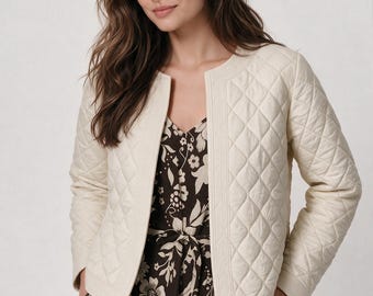 Ivory Quilted Jacket for Women, Floral Embroidered Jacket, Lightweight Open Front Coat