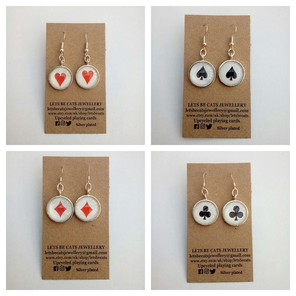 Playing card earrings for gamers - red hearts and diamonds, ace of spades and black clubs