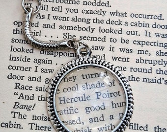 Agatha Christie Poirot gift, upcycled book page keyring