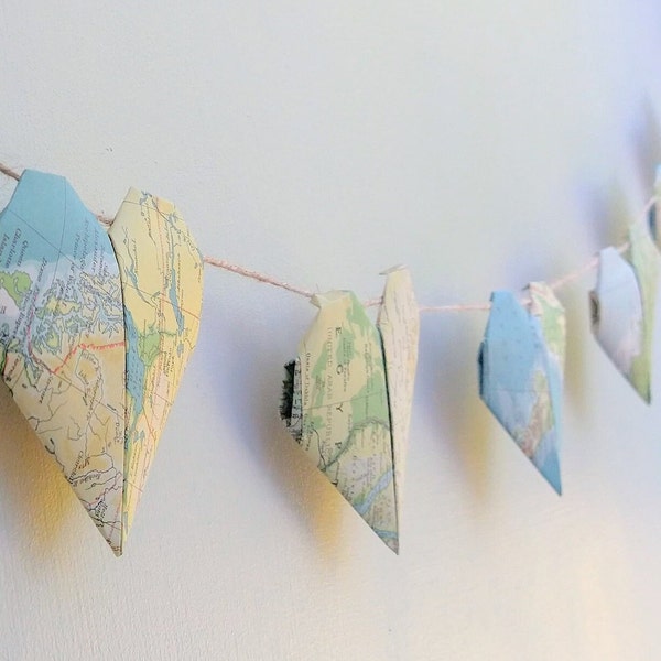 Origami map heart garland, travel themed bunting, eco party decor