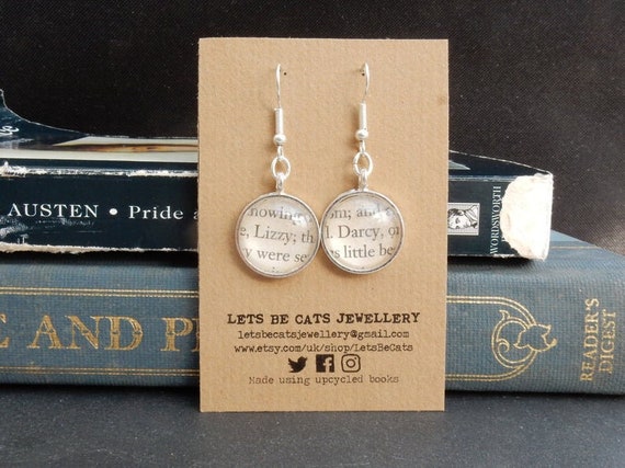 Pride and prejudice jewellery, Jane Austen gift, Lizzy and Darcy earrings, , book jewellery, vintage book, book lover, literary gift