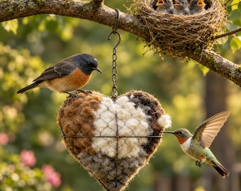 May include: A heart-shaped bird nesting material dispenser made of wire mesh filled with brown, white, and gray wool fibers, hanging from a tree branch near a bird nest containing three small chicks and two visiting birds.