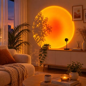May include: A black sunset projection lamp sits on a white cabinet, casting a large, circular, warm orange light onto the wall. The light creates a distinct silhouette of a leafy plant, mimicking the appearance of a sunset glow.
