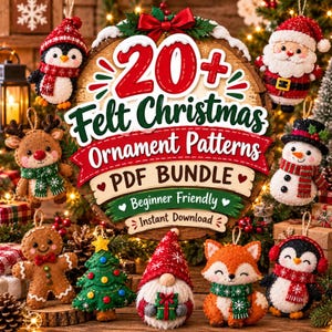 Pode incluir: Um pacote PDF digital com mais de 20 padrões de enfeites de Natal em feltro. O gráfico exibe o texto 20+ Felt Christmas Ornament Patterns PDF BUNDLE Beginner Friendly Instant Download cercado por enfeites de feltro, incluindo pinguim, Papai Noel, rena, boneco de neve, boneco de gengibre, árvore de Natal, gnomo e raposa.
