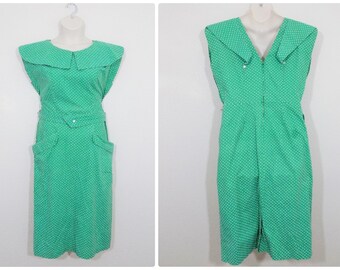 Plus Size Vintage Green Polka Dot Belted Wiggle Dress