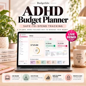 May include: A laptop displaying the BudgetIdo ADHD Budget Planner interface with financial tracking dashboards, surrounded by a mug with text, stacked books, and a bottom banner detailing online and offline usage features.