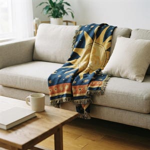 Sun and Moon Throw Blanket, Woven Jacquard Tapestry Throw with Fringe, Celestial Boho Blanket for Couch and Bed